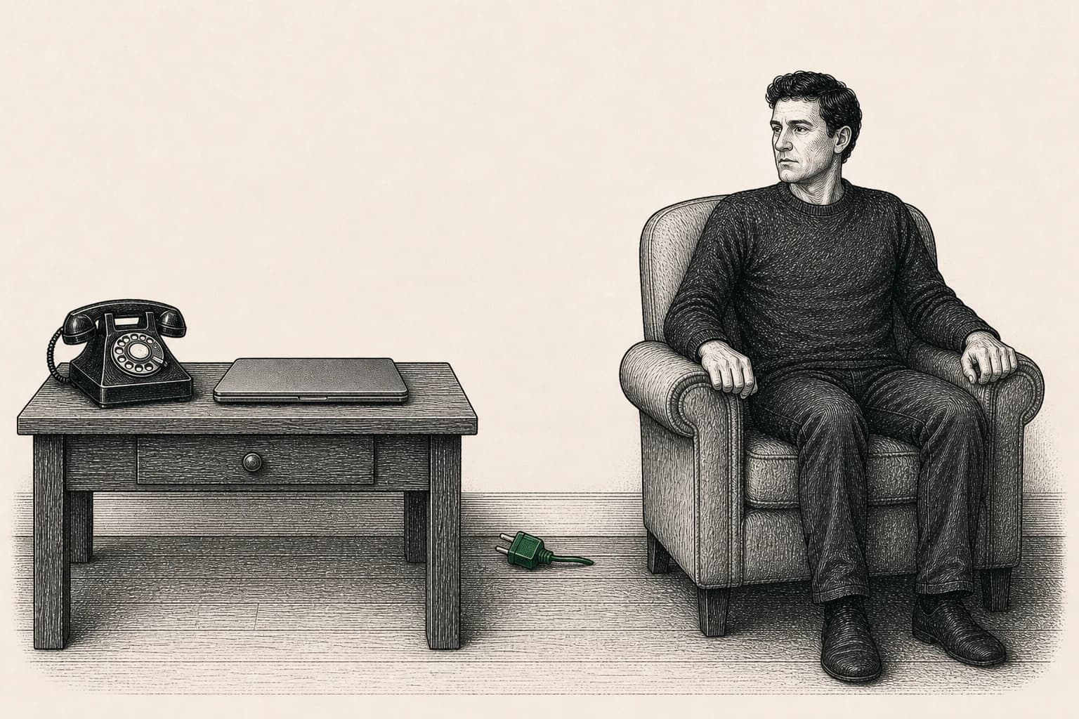 Телефон и закрытый ноутбук стоят на столе, зелёная вилка вынута, а человек сидит в кресле с напряжёнными плечами и сжатыми руками.